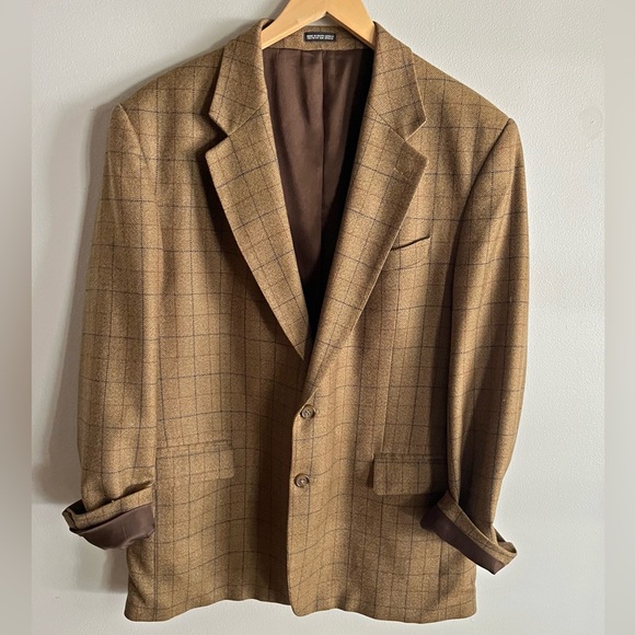 Stafford Vintage Blazer 46R-48R Brown Windowpane Jacket 100% pure wool - Picture 1 of 11